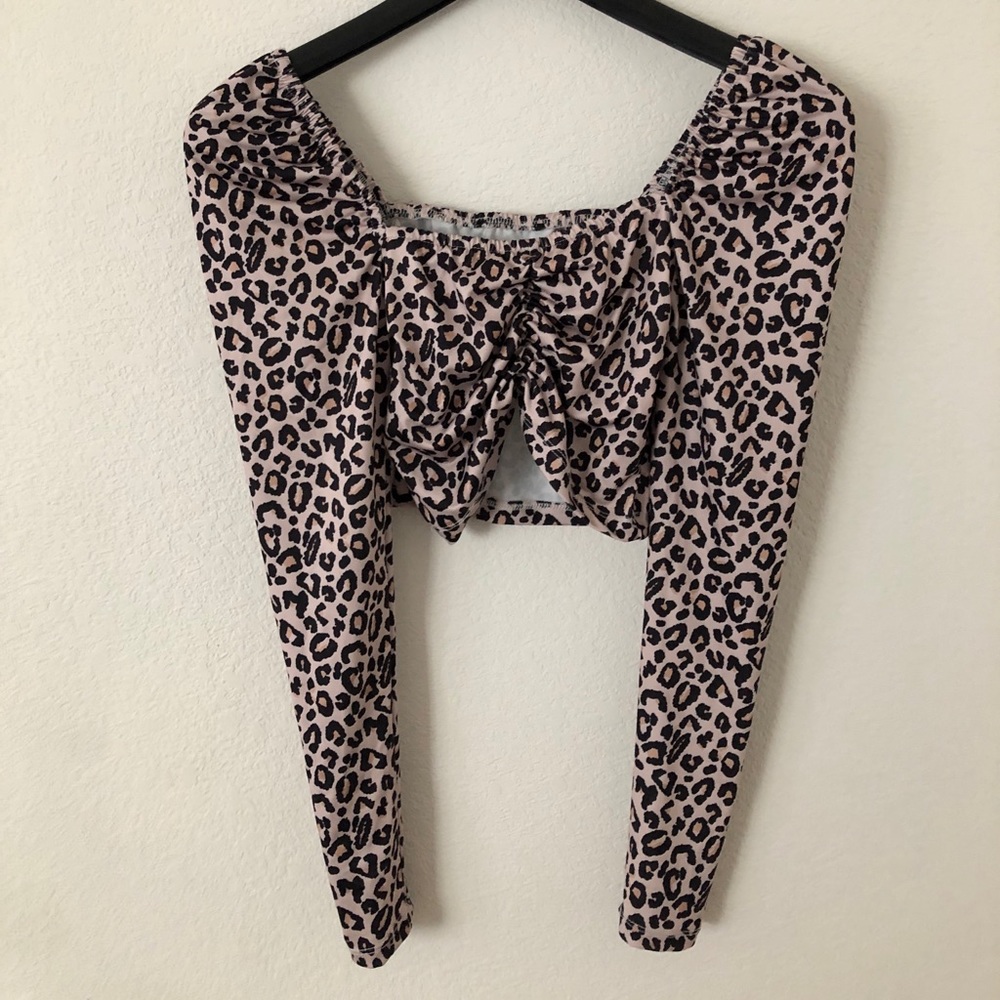Ruched Cropped Puff Long Sleeve Cheetah Size S